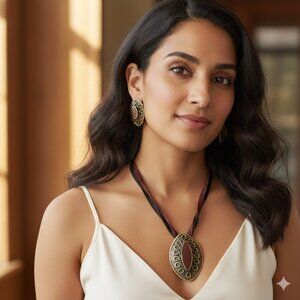 Boho Gold and Brown Pendant Necklace Set